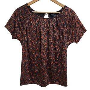 Marc by Marc Jacobs Top Womens XS Silk Black Orange Abstract Keyhole Short Slv